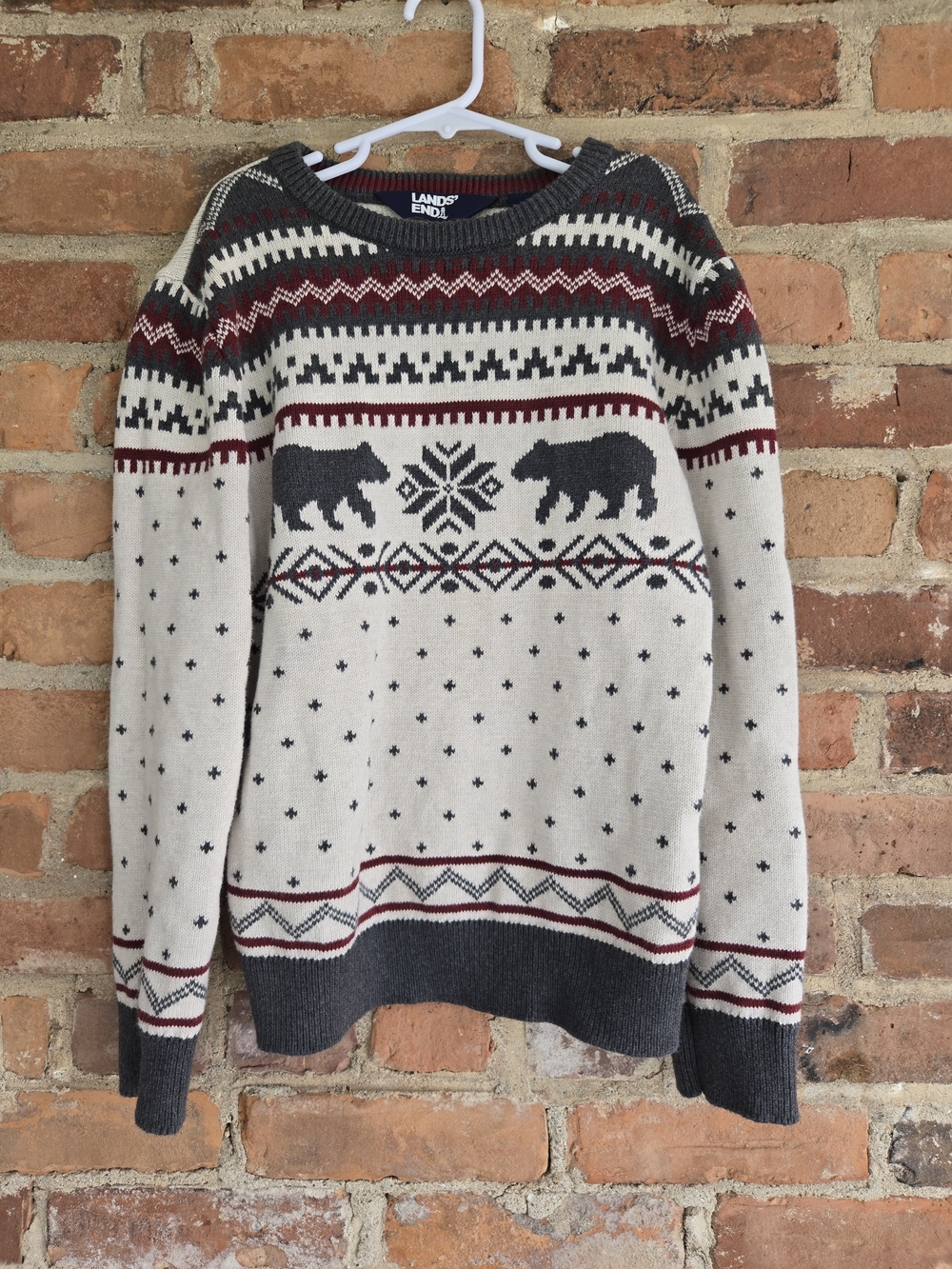 Lands' End Cream Fair Isle Bear Sweater with Charcoal & Burgundy Accents
